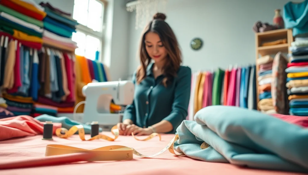 Creëren met stoffen voor kleding maken in een kleurrijke naaiatelier