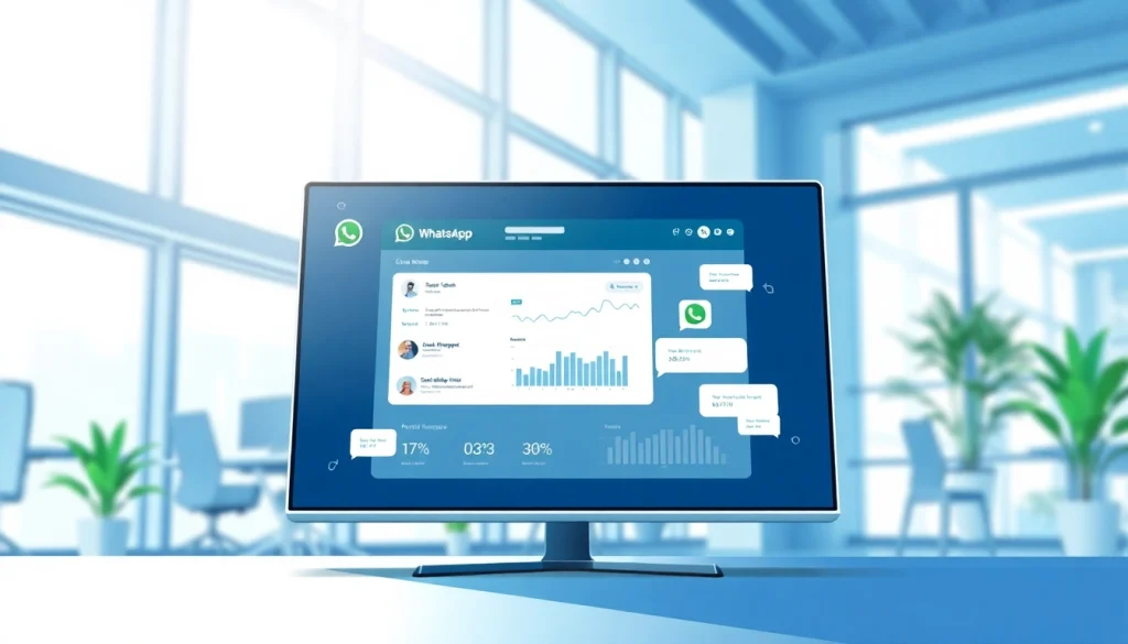 What is a CRM for WhatsApp with an engaging analytics interface in a modern office.