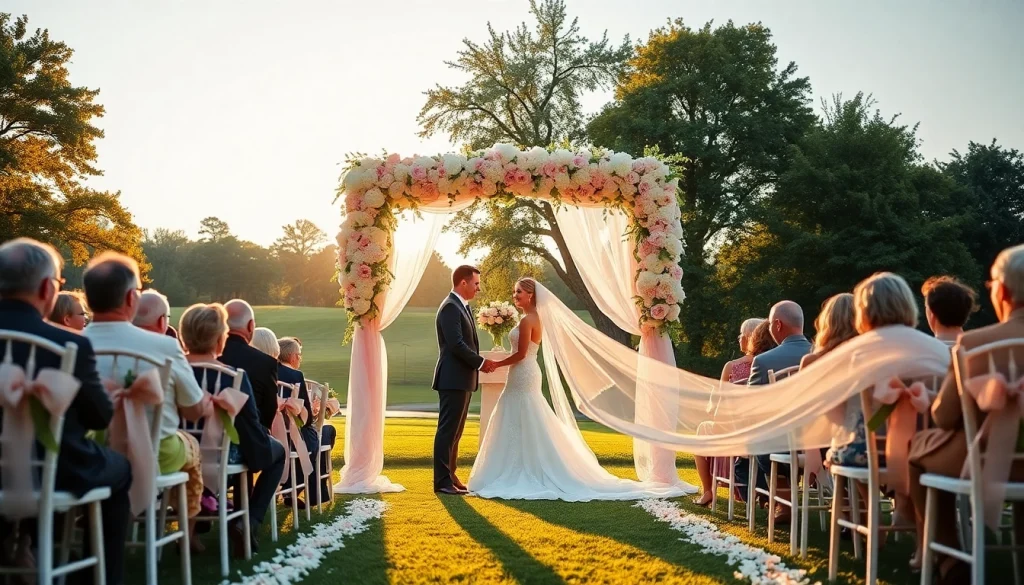 Clarksburg wedding setup with a floral arch and golden hour lighting.