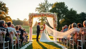 Clarksburg wedding setup with a floral arch and golden hour lighting.