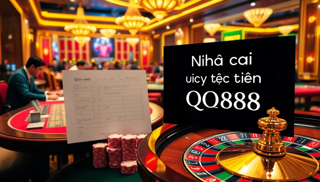 Engage with Nhà cái uy tín QQ88 in a luxurious casino setting featuring vibrant gaming tables and betting slips.