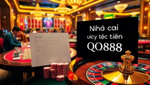 Engage with Nhà cái uy tín QQ88 in a luxurious casino setting featuring vibrant gaming tables and betting slips.