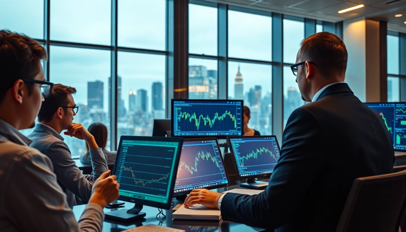 Sway markets trading scene with professional traders analyzing market data in a modern office.