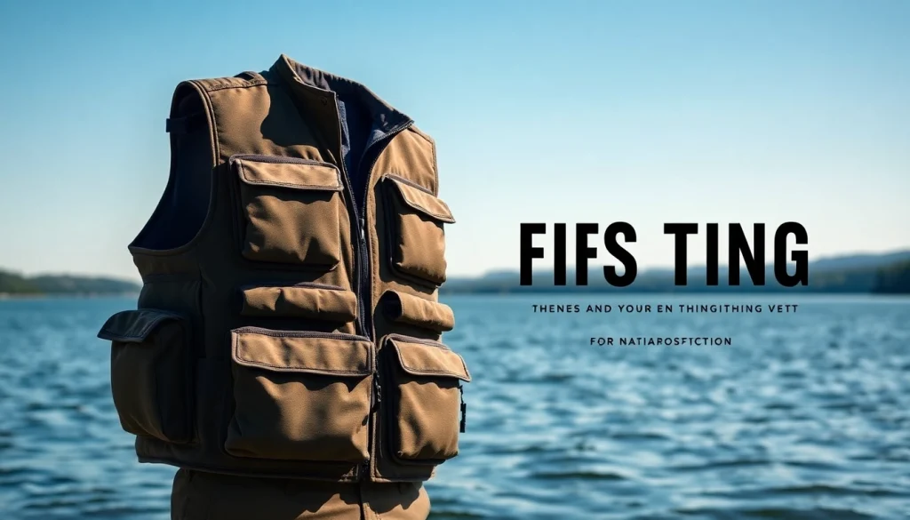 Showcasing a fly fishing vest against a beautiful lakeside backdrop.