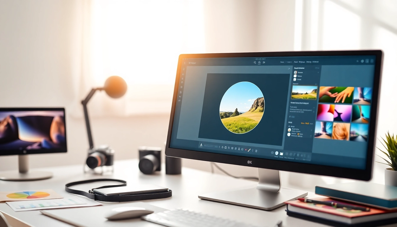 Crop image in circle on a computer screen with vibrant photos displayed.
