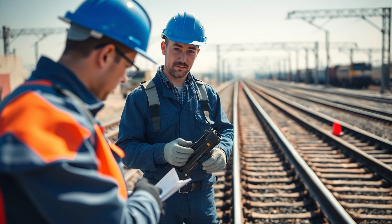 Track Inspection conducted by a professional engineer with precise tools in a vibrant railway setting.