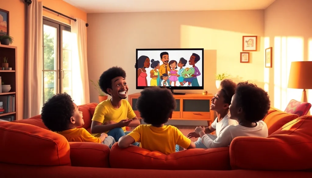 A family enjoys watching African American cartoons in a cozy living room, celebrating joy and representation.