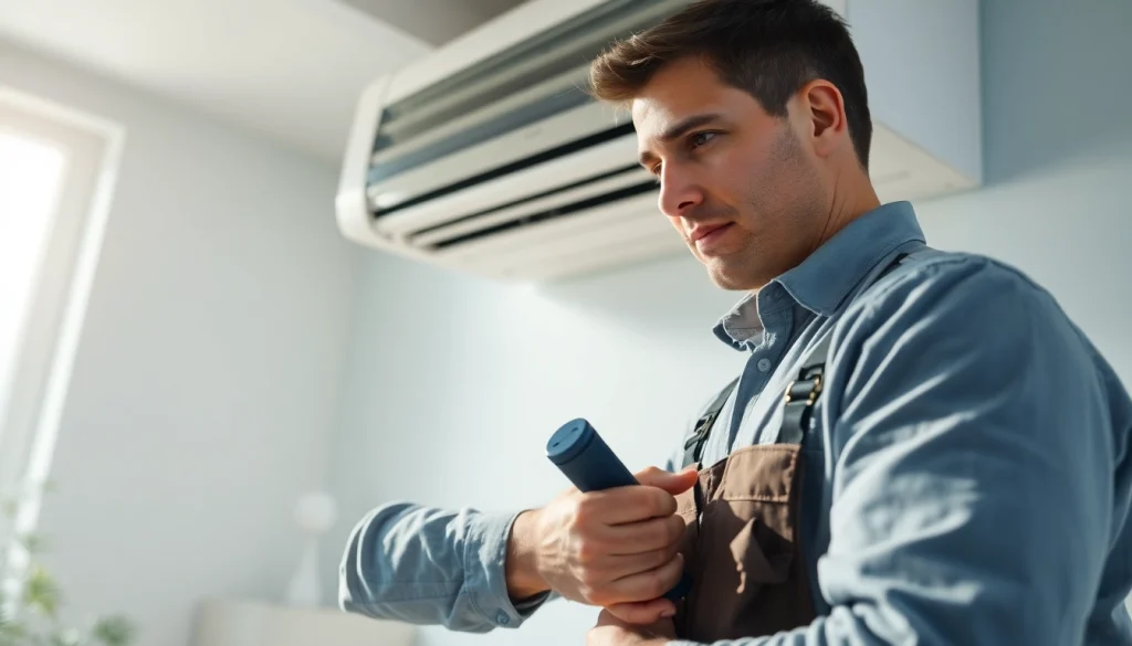 Provide expert hvac services minneapolis with a technician working on an air conditioning unit in a bright home.