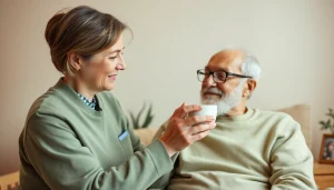 Caring professional providing home healthcare services in a cozy living room to an elderly man.