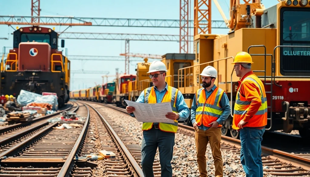 Railroad Contractors USA collaborating on a construction site, emphasizing teamwork and machinery.