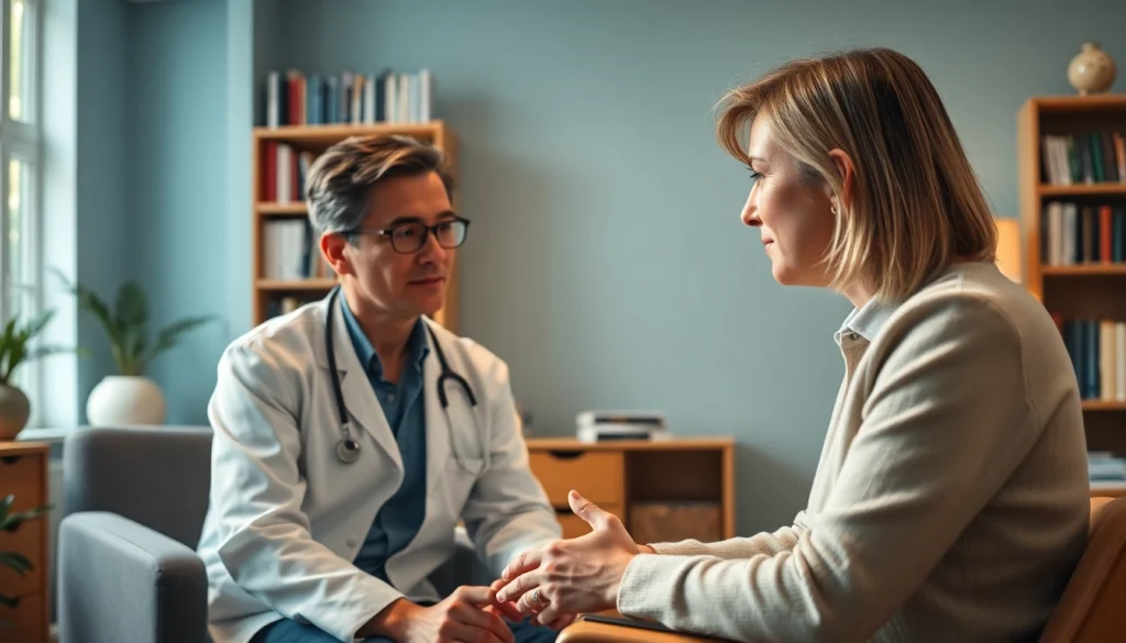 Engaged consultation with a German psychiatrist in India, highlighting empathy in a serene office.