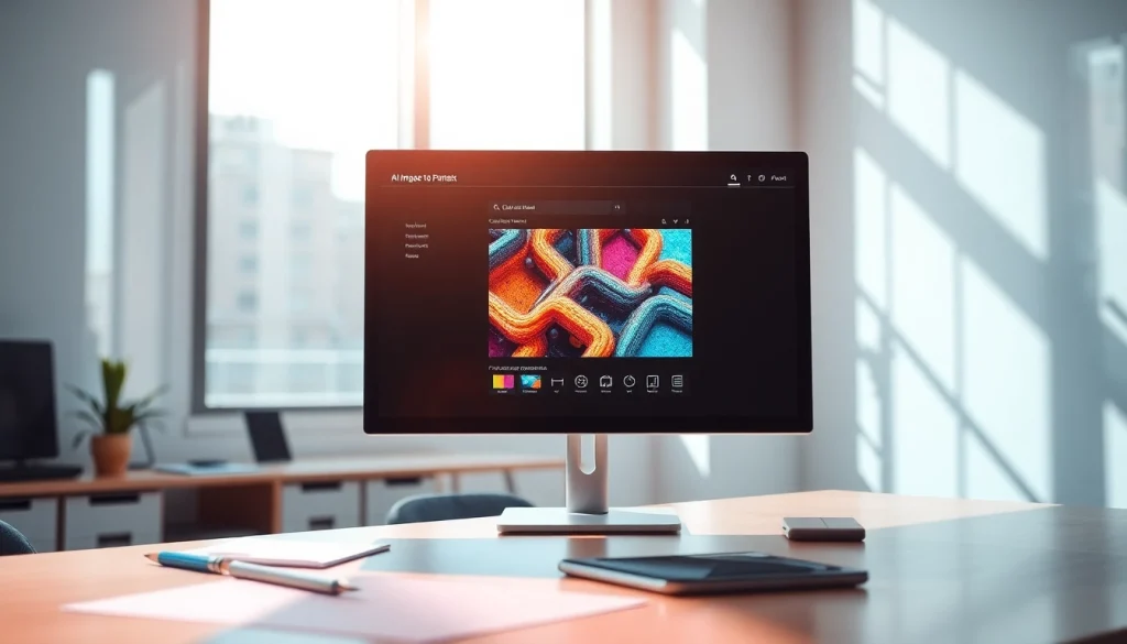 Detailed scene with an AI image to prompt generator in a modern workspace.