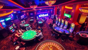 Experience the excitement of Shbet with engaging casino scenes featuring poker, roulette, and vibrant slot machines.
