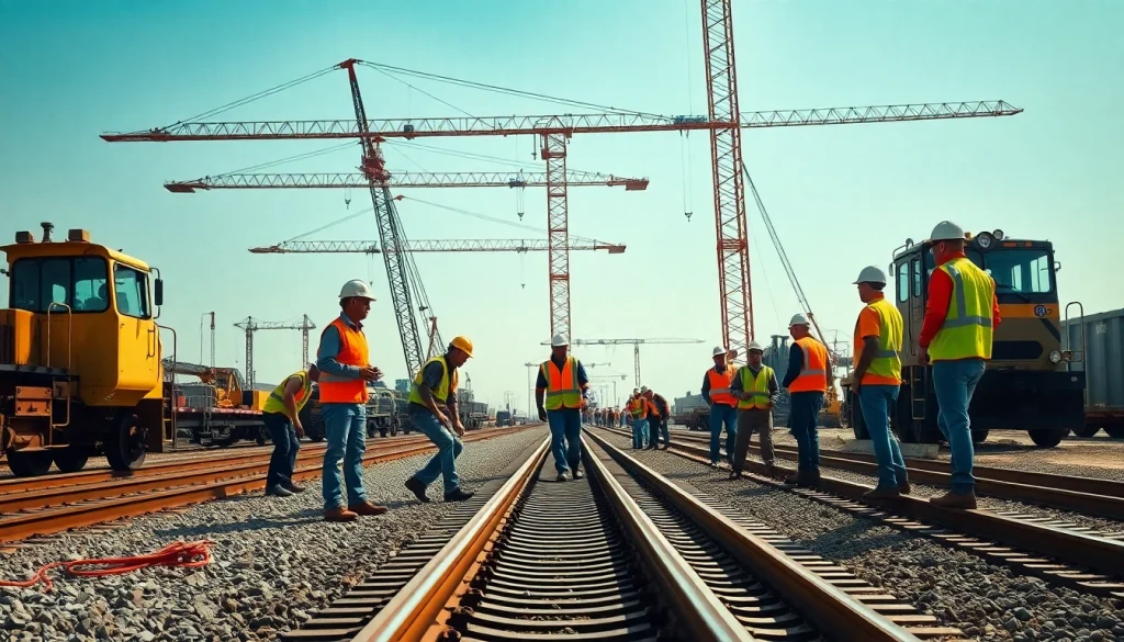 Railroad Contractors USA involved in track laying activities on a construction site.