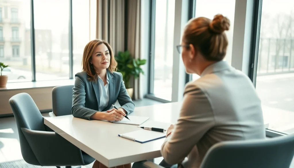 Arbeitsvertrag kündigen: Businesswoman consulting a lawyer in a professional office setting.