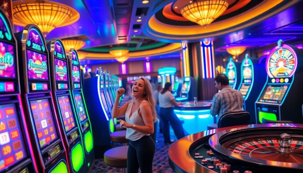 Excited players enjoy big wins at jamuslot slot machines in a vibrant casino atmosphere.