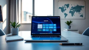 快连 VPN 应用在现代笔记本电脑上展示，突出专业工作场景中的安全与全球互联。