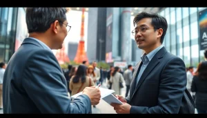 日本のトレンドトピックを話し合う記者が東京の風景でインタビューを行っています。