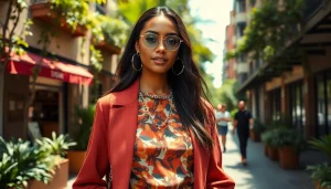 Elevate your Beauty and Style with vibrant fashion showcased by a model in urban scenery.