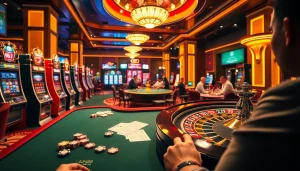 Experience thrills at jun88site.com with an engaging casino environment showcasing slot machines and poker action.