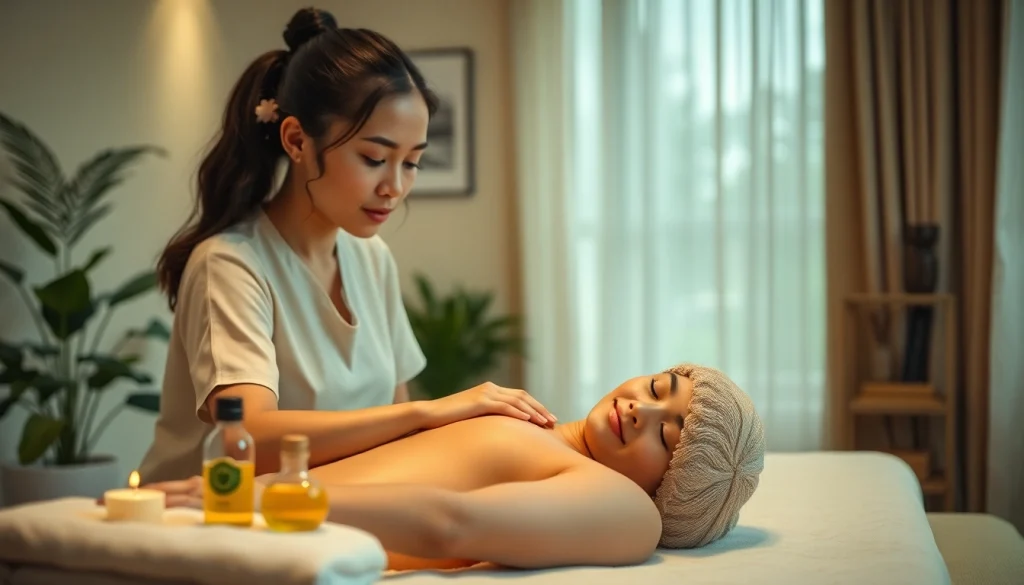 수원출장마사지의 편안한 가정 환경에서 태국인 치료사가 차분한 마사지를 제공하는 모습.