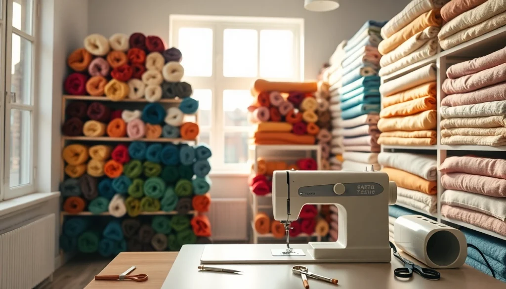 Fleece stof per meter in een stralende naai studio met kleurrijke rollen en gereedschap.