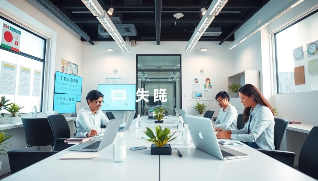 Modern translation office showcasing 有道翻译 technology and diverse professionals.