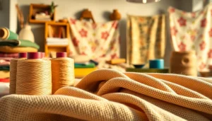 Katoenen stof per meter in diverse kleuren en patronen op een werkbank.