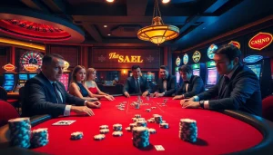 Experience high-stakes poker with KJ C at a luxurious casino table filled with excitement.