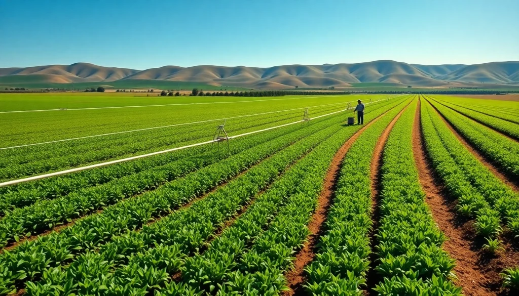 Land irrigation system with farmer managing crops in a vibrant green field.