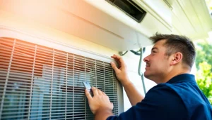 Install an American Standard AC unit by a technician in a serene home garden setting.