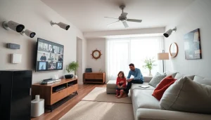 Instalación profesional de alarmas de seguridad en un hogar moderno, con tecnología elegante y una sensación de seguridad para la familia.