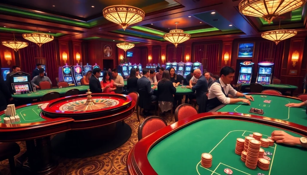 Players enjoying an exciting game at LC88 casino with vibrant tables and thrilling atmosphere.