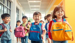 学校の様子の中で、楽しそうな子どもたちと一緒に写る藤田ランドセル。