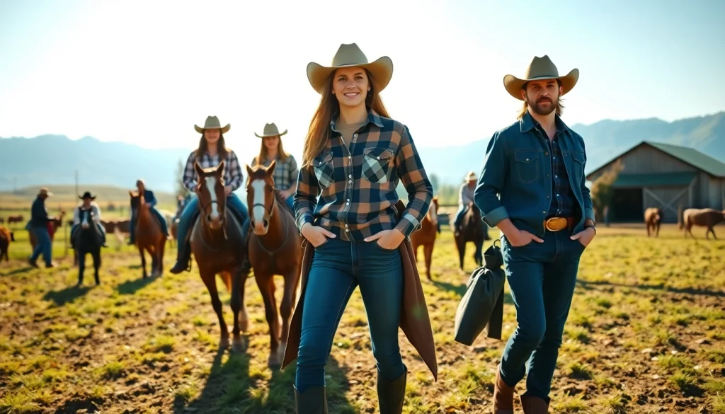 Show stylish ranch wear Canada on models in a sunlit farm setting, engaging in outdoor activities.