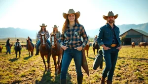 Show stylish ranch wear Canada on models in a sunlit farm setting, engaging in outdoor activities.