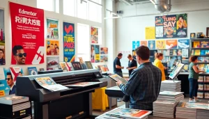 Showcasing diverse projects at a custom print shop Edmonton, vibrant colors and professional equipment highlight creativity.
