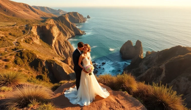 Big Sur wedding photographer captures a couple on cliffs overlooking coastal views.