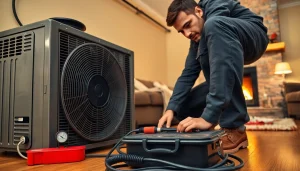 Technician swiftly addressing emergency HVAC repair while ensuring home comfort with focused expertise.