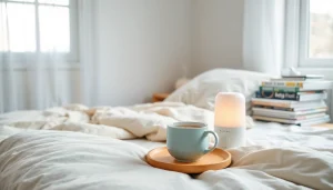 ハーブティーと加湿器を用いた風邪を早く回復させる効果的な方法を示す暖かい寝室の情景（風邪 一晩で治す方法）