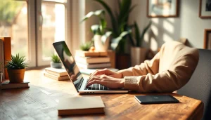 Engaging scene of a blogger working on a laptop for their UK Blog.