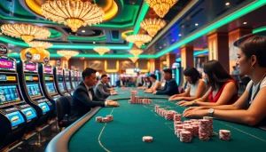 Situs MABAR88 menawarkan suasana kasino yang penuh warna dengan para pemain di mesin slot, menampilkan kemewahan dan kegembiraan.