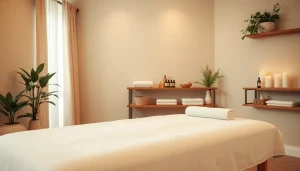 차분한 분위기와 휴식 요소가 있는 마사지 치료실.