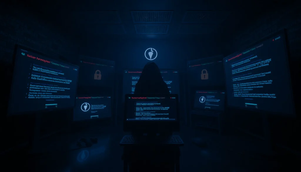 The hidden wiki tor concept illustrated with dark web screens and anonymity tools in a mysterious setting.