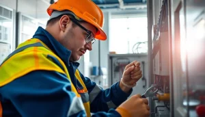 Performing commercial electrical maintenance on a control panel in a modern office setting.