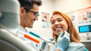 Teenage orthodontist Hawthorn adjusting braces on a smiling teenage patient in a modern clinic setting.
