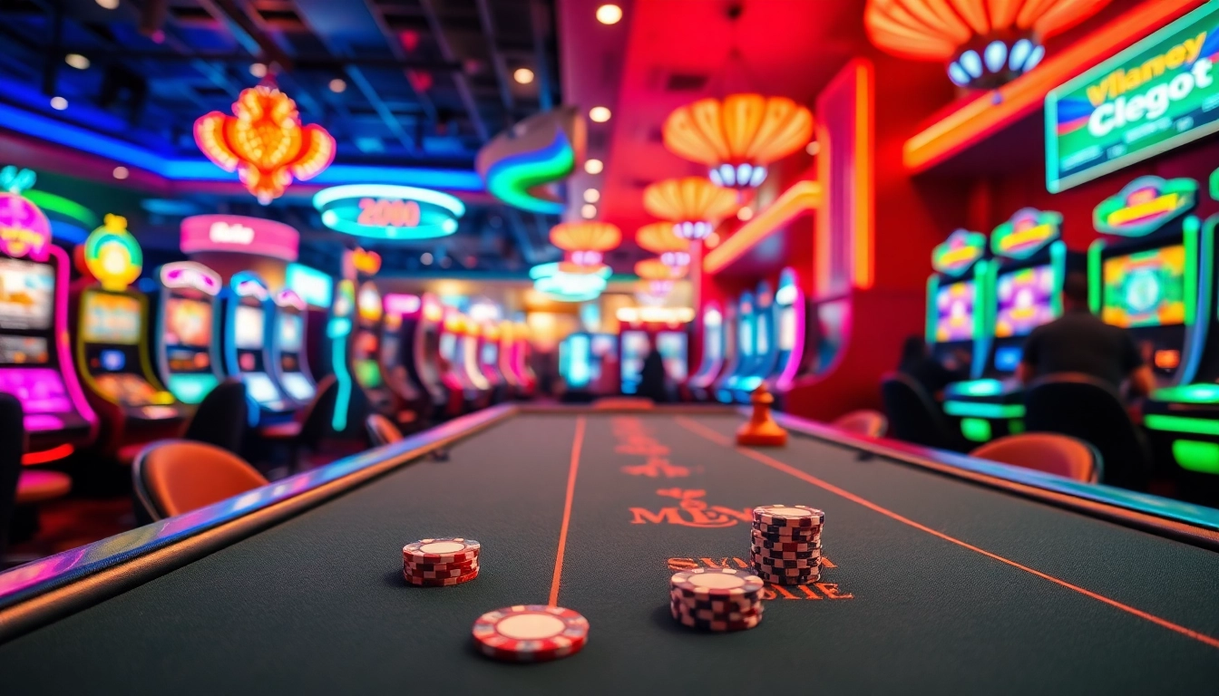 Online casino spielen in einem aufregenden Casino-Setting mit glänzenden Spielautomaten und bunten Lichtern.
