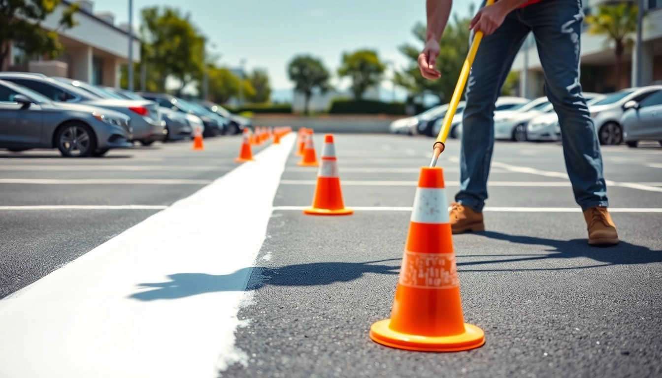 Parking lot line painting near me being professionally done by skilled workers.