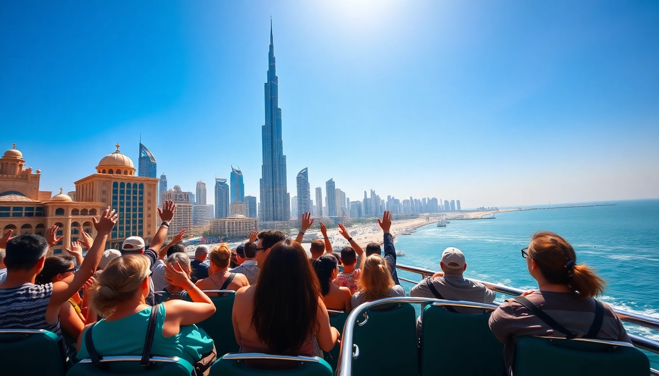 Experience the best Dubai city tour with lively scenes of tourists in front of the skyline.