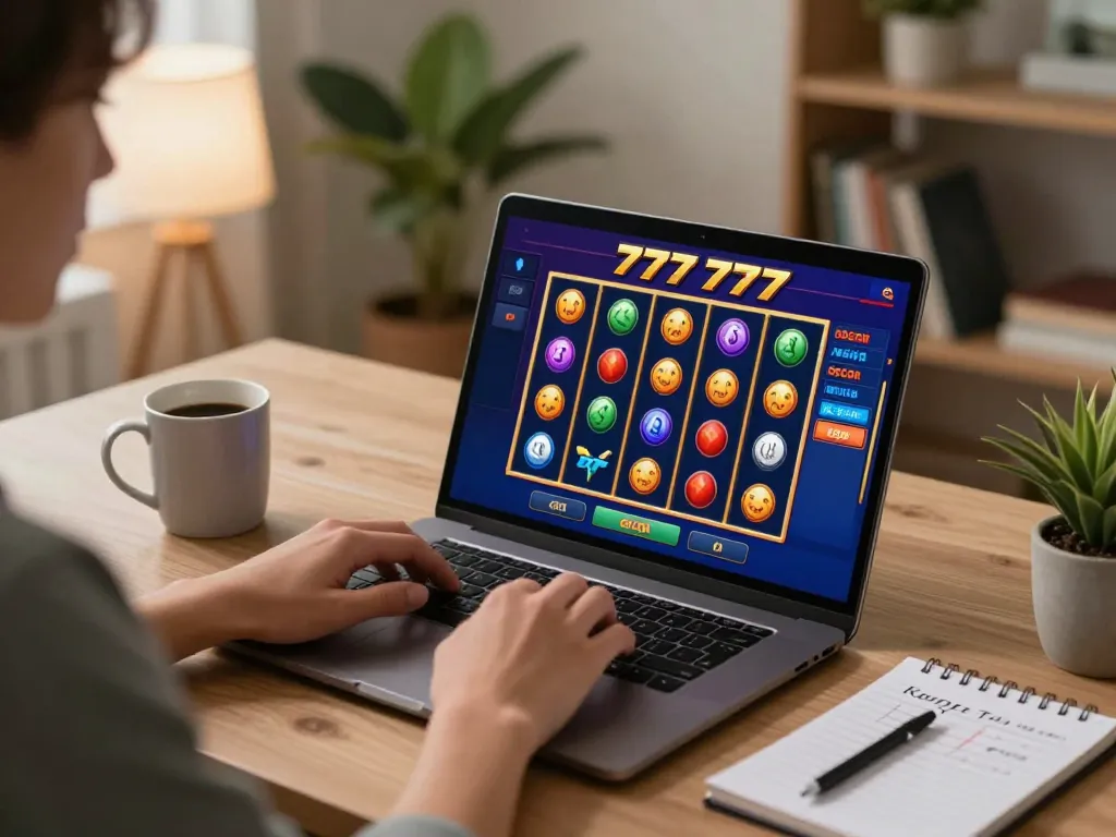 Engaging in slot777 gacor gameplay on a laptop, showcasing online casino excitement in a cozy environment.